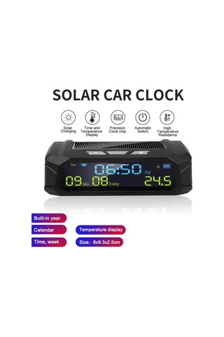 Neevoyu Güneş Enerjili Araç İçi Dijital Saat - Lcd Ekranlı Sıcaklık, Saat, Tarih Ve Hafta Gösterici - Uzun Pil Ömrü - Siyah Abs Malzeme