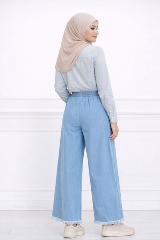 Hira Life Fashion Kadın Paçaları Püsküllü Ve Önü Bağcıklı Kot Kumaş Salaş Pantolon Mavi Mavi