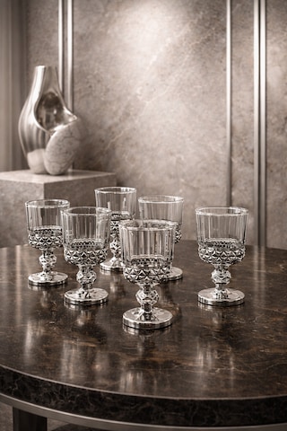 6 Kişilik Cam Gümüş Ayaklı Kahve Yanı Su Bardağı Kristal Desen Bardak 60ml