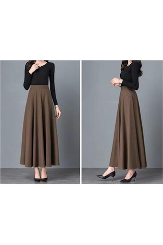 Fastbuy Kadın Maxi Elastik Yüksek Bel Büyük Etek A Kesim Uzun Cepli Düz Renk Ofis Mavi Mavi