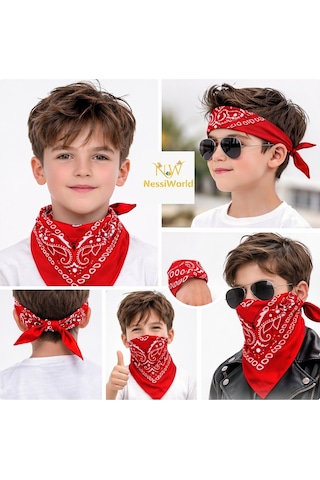Kırmızı Kovboy Fuları Çocuk Bandana Western Desenli Boyun Fuları Açık Bej