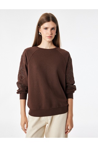 Koton Çiçek Boncuk İşleme Detaylı Uzun Kollu Bisiklet Yaka Sweatshirt Kahverengi 7wak10046ek Kahve