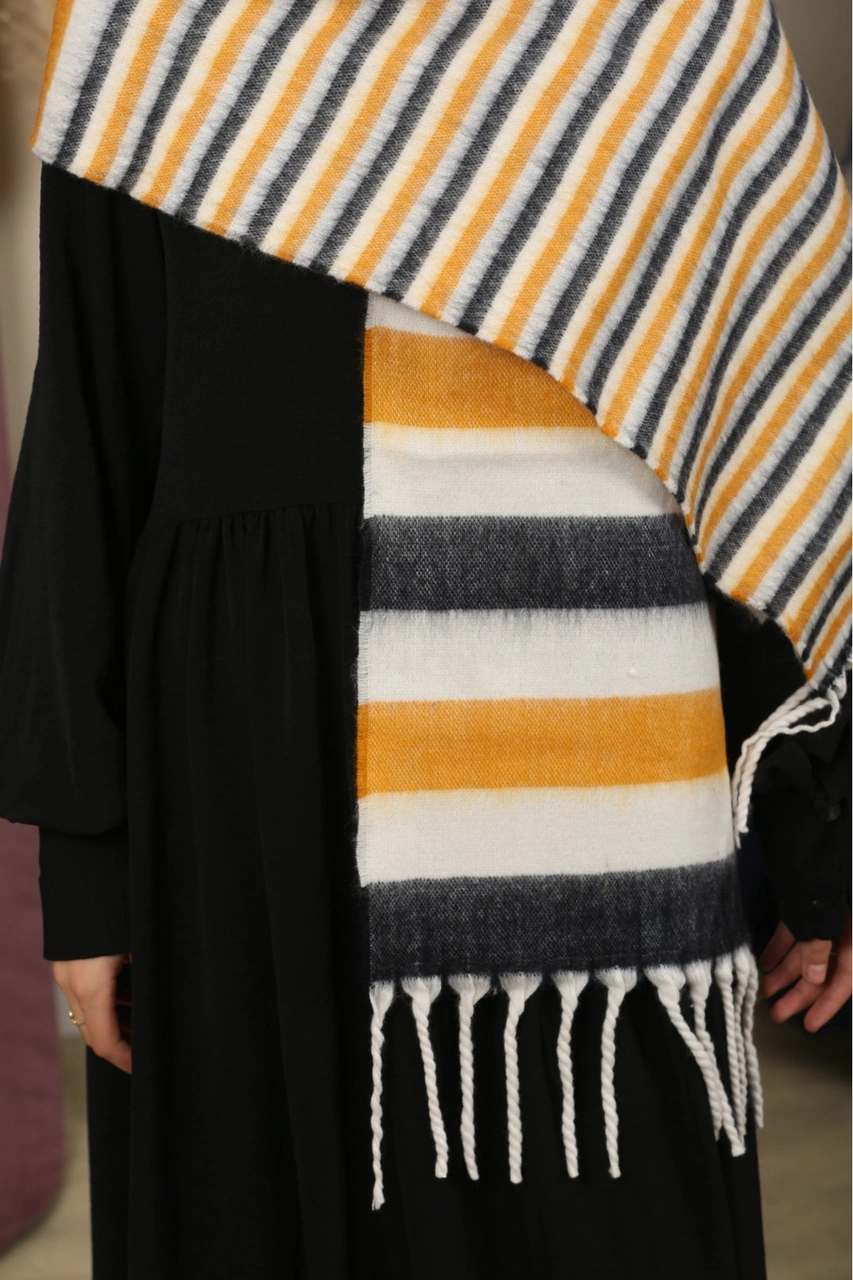 Çift Taraflı Kışlık Omuz Şalı Hardal