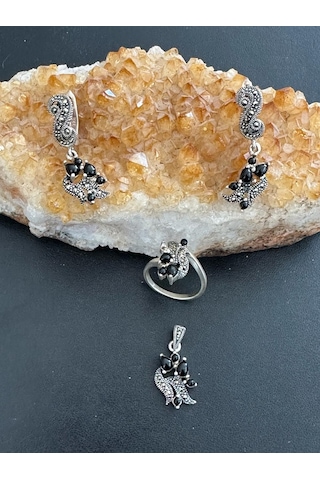 Aysesa Otantik Oniks Taşlı Kadın Gümüş Set 2küpe+kolye+yüzük 925 Ayar