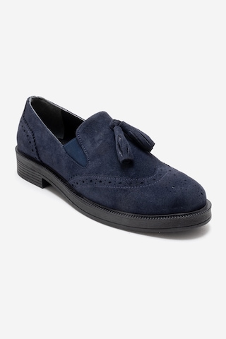 Luvishoes Alex Lacivert Süet Hakiki Deri Püsküllü Lastikli Kadın Loafer Ayakkabı Lacivert