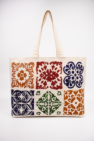 Fabric Craft Bag Kanvas Plaj Çantası Büyük Boy Astarlı Desenli Omuz Çantası Küçük Çantalı 50x35 Krem