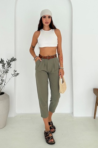 Kemer Detaylı Keten Pantolon Haki Haki