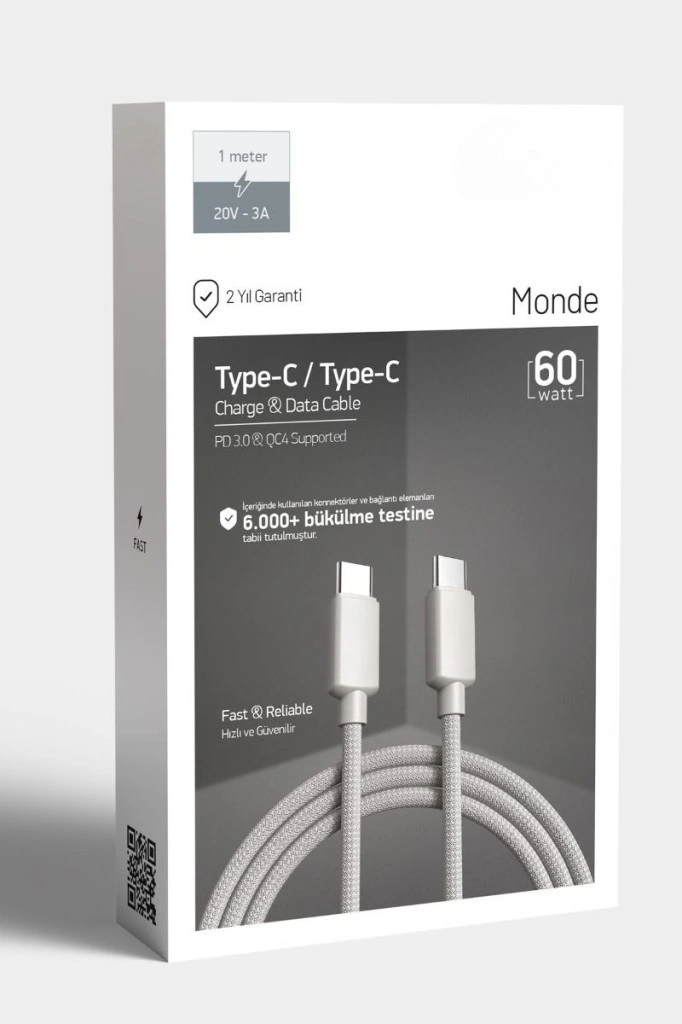 Pdateknoloji 60w Örgülü Type C To Type C Spk-10 Monde 1mt Data Ve Şarj Kablosu 1 Adet