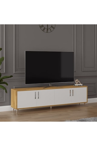 Asra Trend Tv Ünitesi T-03 %100 MDF 160 cm Tv Sehpası 4 Kapaklı Raflı Beyaz-Petra