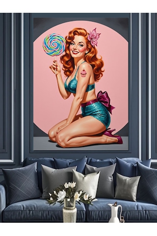 Ahşap Tablo Sarmal Şeker Yiyen Pin-up Kız İnsan Figürlü Tablolar
