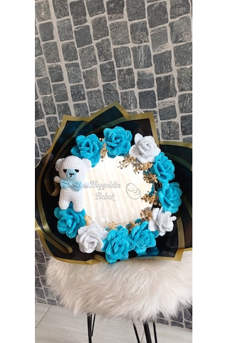 Ayıcıklı Hoşgeldin Bebek Çiçek Buketi - Yenidoğan Erkek Bebek Hediyesi - Bebek Hediyesi Mavi - Beyaz