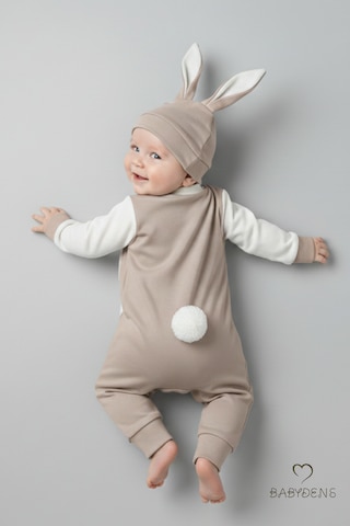 Babyden's Bebek Tavşanlı Tulum Şapka Set %100 Pamuklu Çıtçıtlı,ayarlanır Ponponlu Unisex Yenidoğan Tulum Seti Bej