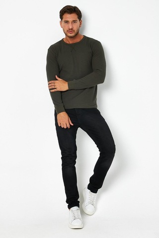 Erkrk Waffle Özel Dokulu Kumaş Standart Fit Uzun Kollu Basic T-shirt Haki