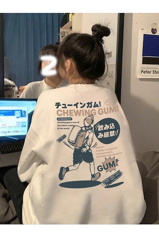Adrift Slogan & Cartoon Graphic Drop Shoulder Sweatshirt Beyaz Beyaz