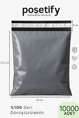 Cepsiz Kargo Poşeti 18x27,5x5 Cm 10000 Adet E-ticaret Poşeti Gri Yapışkan Bantlı Kargo Zarfı