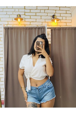 Tuba Toptaş Keten Bağlamalı Crop Bluz Bej