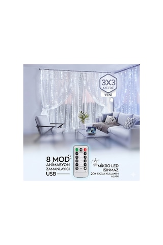 3x3 Metre Kumandali Beyaz Peri Led Perde Isik 8 Fonksiyonlu Zamanlayicili Animasyonlu Usb