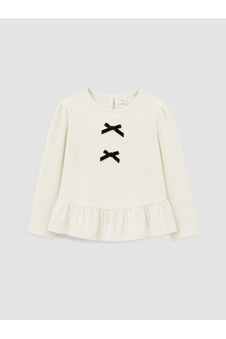 LC Waikiki Lcw Kids Ekru Bisiklet Yaka Fiyonk Detaylı Kız Çocuk Tişört Cream