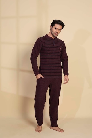 Erkek 3 Düğme Uzun Kol Göğüs Cepli Selanik Kumaş Kışlık Cepli Pijama Takımı Bordo