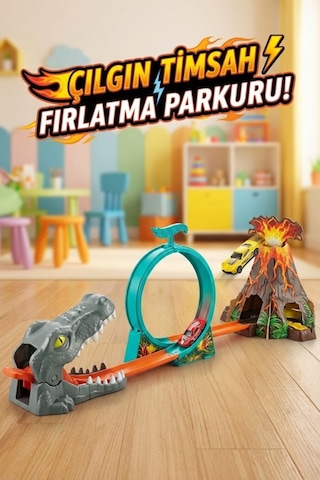 Çılgın Timsah Fırlatma Seti 360 Derece Takla Atan Hızlı Araba Yarış Pisti - 2 Arabalı