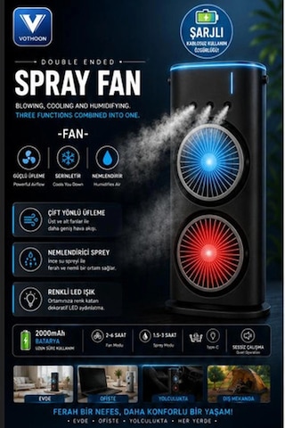 Çift Başlıklı Sprey Fan Nemlendirici Ve Renkli Led Işıklı Siyah Çok Renkli