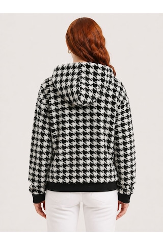 Neden Tekstil Kadın Kazayağı Desenli Kapüşonlu Fermuarlı Sweatshirt Ceket - Siyah