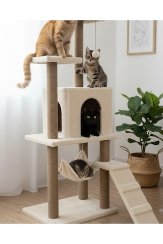Pet B-07 Hamaklı Yuvalı Lüks Kedi Tırmalama Oyun Evi Beyaz