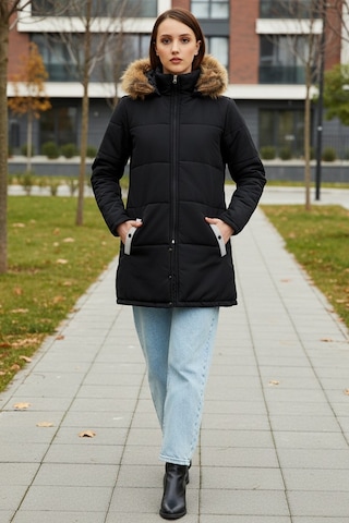 Kışlık Tasarım Suni Kürk Yaka Siyah Kadın Mont Siyah