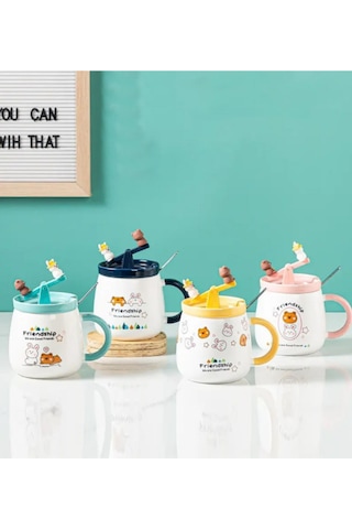 Sevimli Ayı Ve Tavşan Tahterevalli Seramik Kupa 1967 Sarı