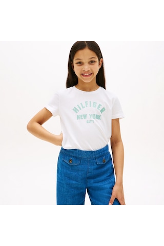 Tommy Hilfiger Glitter Curve Nyc Logo Çocuk Beyaz T-shirt Kg0kg08813 Beyaz