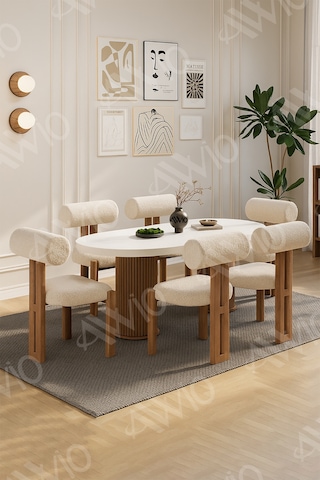 Avvio Bohem Ayak 6'lı Metal Pofi Demonte Sandalye 80x160 Masa Sandalye Takımı Beyaz Masa Sandalye Kumaşı Krem