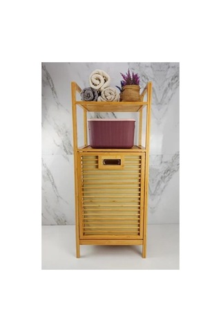 Premium Düzenleme Çözümü Banyo Rafı Çamaşır Dolabı 2 Organizer Raflı Ahşap Bambu Çek-aç Kirli Sepeti Çok Renkli