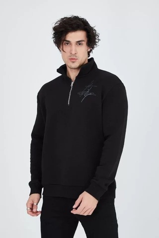 Veraura Lifestyle Erkek Yarım Fermuarlı Baskılı Sweat - Siyah