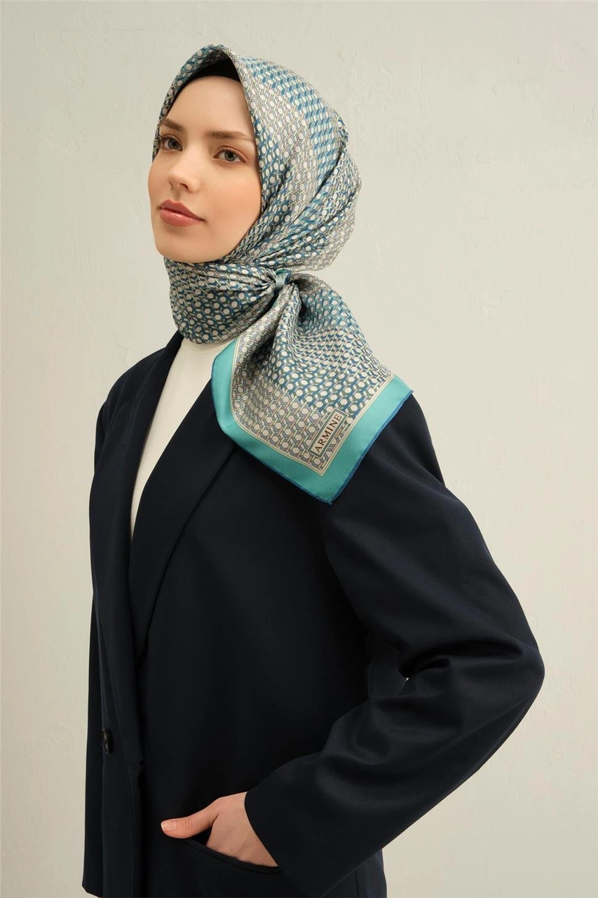Armine Klasik Desenli Saf İpek Twill Eşarp 9319d 50 Yeşil