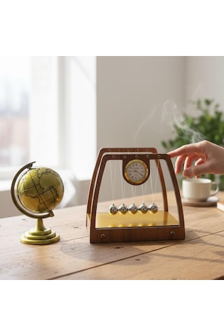 Kişiye Özel İsimli Saatli Masa Üstü Newton Denge Topları Ve Dünya Biblo Ofis İş Hediyesi