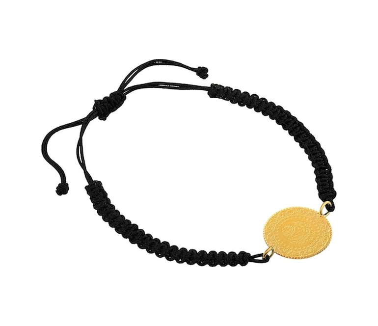 Agakulche 22 Ayar Çeyrek Altınlı Siyah İpli Bileklik