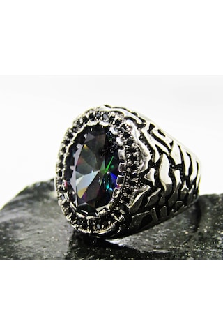 Lilahgümüştr Gümüş Oval Mistik Topaz Taşlı Erkek Yüzük