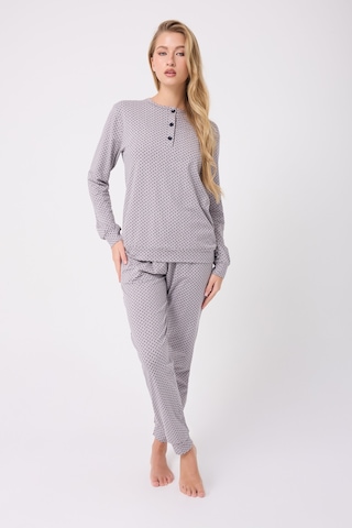 Lespadon Ocean Rıpple Premium Örme Pamuk Uzun Kollu Henley & Uzun Pantolonlu Kadın Pijama Takımı-3232 Gri