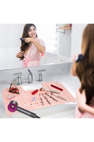 Youtek Katlanabilir Silikon Lavabo Kapağı - Makyaj Fırçası Temizleme Matı Ve Banyo Organizasyonu Açık Pembe