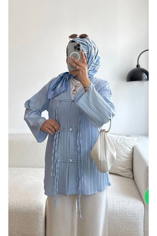 By Nursel Çiçek Kadın Premium Kruvaze Yaka Dügme Detaylı Tunik-kimono Bebe Mavisi