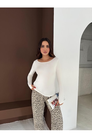 Elaxi Kadın Kayık Yaka Parmak Geçmeli Uzun Kollu Full Likralı Pamuk Viskon Buzzy Body Tişort Beyaz