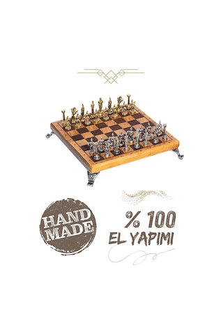 Mc59 Bizans Figürlü El Yapımı Metal Satranç Takımı Kayın Ağacı Satranç Tahtası - Lüks Hediyelik