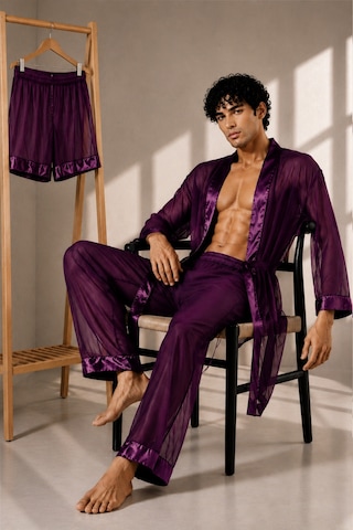 Qmen Style Erkek Şifon Kimono- Pijama - Şort Seti Mor