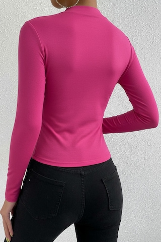 Moda Dua Kadın Fuşya Belden Ve Boyundan Büzgü Detaylı Uzun Kollu Bluz FUŞYA