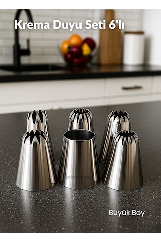 Büyük Boy 6 Lı Yıldız Uçlu Krema Duy Seti Metal Pasta, Cupcake Ve Kurabiye Krema Duyu Süsleme Ucu Metalik Gri