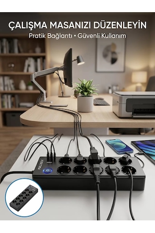 Akım Korumalı 10'lu Çoklu Priz Usb-a Ve Type-c Şarj Çıkışlı 0