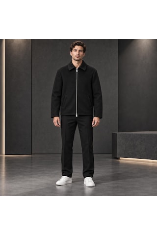 Stormwear Erkek İthal Kaşe Ceket Gömlek Yaka Fermuarlı Cepli Mevsimlik Kaban Mont Siyah