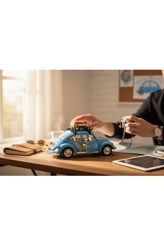 Klasik Işıklı Sesli Metal Araba - Mavi Valizli Retro Beetle - 15 Cm Çok Renkli