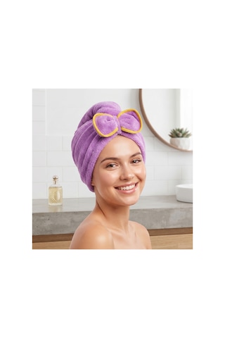 Prenses Peluş Mikrofiber Saç Kurulama Havlusu Çizgi Fiyonklu, Pratik Saç Bonesi - Duş, Makyaj Ve Bakım Saç Wrap Mor