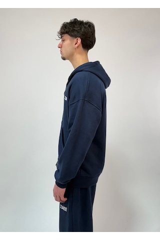 Zaee İnce Kumaş Nakışlı Oversize Premium Zip Hoodie Lacivert